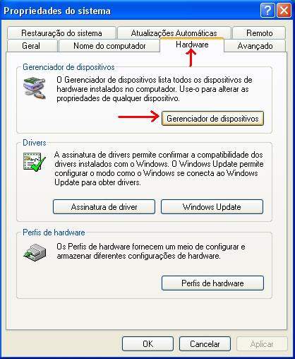 2º Passo
<br />Clique em HARDWARE e depois em GERENCIADOR DE DISPOSITIVOS